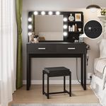 Semiocthome Black Makeup Vanity Desk with Lighted Mirror and Power Strip, 39.4"W Vanity Desk with 10 Lights and 2 Drawers, Vanity Set with Stool,Girl's Gift Dressing Table with Metal Frame for Bedroom