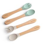 Ginbear Silicone Baby Spoon and Fork Set Self-Feeding, Toddler Feeding Utensils for Child 6 Months+ (Hazy Green/Almond)