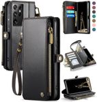 Defencase Compatible with Samsung Galaxy S21 Ultra Case Wallet with RFID Blocking Card Holder for Women Men, PU Leather Magnetic Snap Flip Zipper Strap Wallet Case Fit for Galaxy S21 Ultra 5G, Black