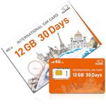 30 Days 12GB International Travel Data SIM Card, 4G LTE Coverage in 45 Countries (USA, UK, Europe, Asia, Africa), Prepaid Data Only Travel SIM for Unlocked Phones, Tablets, WiFi Hotspots,No Contract