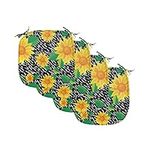 Lunarable Floral Chair Seating Cushion Set of 4, View of Sunflowers on a Background of Monochrome Stripes, Seat Pads for Office with Anti-Slip Backing, 16"x16", Charcoal Grey Yellow