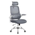 SONGMICS Ergonomic Office Chair, High Back Desk Chair with Foldable Armrests, Mesh Computer Chair with Lumbar Support and Adjustable Headrest, Tilt Function, Dove Grey OBN040G11