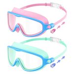 2 Pack Kids Swimming Goggles Wide Vision Swim Goggles with Ear Plugs Nose Clip Anti Fog UV Protection No Leakage Clear Vision for Children Early Teens 3 to 15 Years Old Child (PinkBlue & GreenBlue)