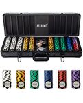 ARTGAME 14 Gram Clay Poker Chip Set for Texas Hold’em, 500Pcs Casino Style Chips, with K-Type Aluminum Case and Dealer Buttons.