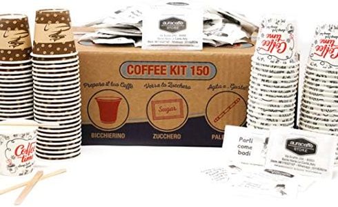 AURACAFFE' kit accessori caffe con 600 Bicchierini Caffè Di Carta Biodegradabili 75ml con Grafica Biocompostabili - 600 Palettine e 600 Bustine Di Zucchero. Made In Italy