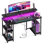 ODK Gaming Desk with Led Lights & Power Outlet, 48 Inch Gaming Computer Desk with Storage Shelves, PC Desk with Monitor Stand, Gamer Desk Table for Home Office, Black