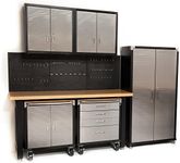 Seville Classics HD 7 Piece Standard Garage Storage System Timber Workbench, Steel Upright Cabinet and Overhead Hanging Wall Cabinets