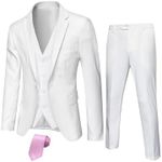 Hihawk Men's 3 Piece Suit with Stretch Fabric, Solid Slim Fit One Button Suit Blazer Set, Jacket Vest Pants with Tie. Pure White Large