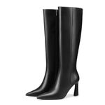 Adrizzlein Black Knee High Boots Women Pointed Toe Chunky High Heel Long Boots Side Zipper Dress Tall Boots Size 9.5