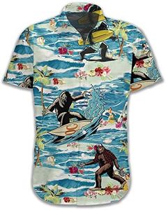 Mooley Funny Bigfoot Button Down Short Sleeve Holiday Summer Beach Tropical Bigfoot Surfing Hawaiian Shirt, Color 1, X-Large