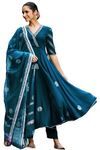 GoSriKi Women's Rayon Blend Anarkali Printed Kurta with Pant & Dupatta (Berlin KEROSIN-GS_M_Dark Blue_Medium)