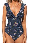 CUPSHE Women One Piece Swimsuit Ruffled Lace Up Beach Swimwear Tummy Control Swimming Costume Bathing Suit Denim Blue Floral L