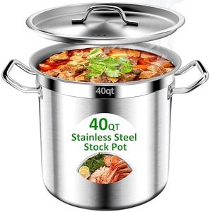 Stainless Steel Stockpot – 40QT Stock Pot with Lid, Heavy-Duty Tri-Ply Bottom Cooking Pot for Canning, Boiling Beer Brewing, Soup, Seafood Boil – Satin Finish Stainless Steel Soup Pot