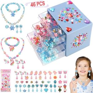 Toys for Ages 5-7 Jewelry, Kids Toys for Girls 8-10 Clip on Earrings, Toddler Girls Toy Age 6-8 Princess Dress Up,Frozen Unicorn Toy Adjustable Ring Bracelets Necklaces Birthday Christmas Gifts