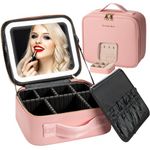 Seoneiro Makeup Travel Bag with LED Lighted Mirror Adjustable Brightness Portable Waterproof Makeup Case with Adjustable Dividers, Make up Train Case Organizer Makeup Brush Accessories and Tool Case,