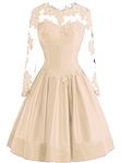 BessDress Lace Long Sleeve Short Homecoming Dresses Illusion Neck Satin Cocktail Ball Gown BD367 - Beige -