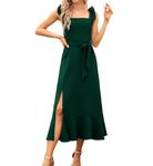 Women's Elegant Bridesmaid Dresses Square Neck Ruffle Split Midi Formal Dress for Wedding Guest Cocktail Party, Emerald Green, Large