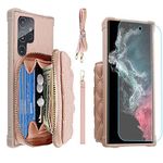 MONASAY Fit for Samsung Galaxy S22 Ultra 5G PU Leather Zipper Wallet Case for Women,[Glass Screen Protector][RFID Blocking] Handbag Phone Cover with Card Holder & Crossbody Lanyard Strap, Rosegold