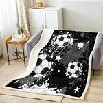 Football Sherpa Blanket Graffiti Style Fleece Throw Blanket For Kids Boys Teens Youth Sports Plush Blanket Soccer Ball Games Fuzzy Blanket for Sofa Bed,Black White King 87x94 Inch