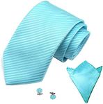 Mens Striped Business Formal Woven Silk Ties Wedding Groomsmen Party Tie Necktie with optional Pocket Square Handkerchief Hanky Cufflink Set (Matching Hanky & Cufflink, Aqua)