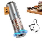 CIRCLE JOY Electric Pepper Grinder Stainless Steel Rechargeable Pepper Mill with Variable Grinding Speed, External Adjustable Coarseness, 95ml Container and White LED Light, Silver