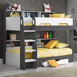 Happy Beds Wooden Bunk Bed with Underbed Storage Drawer, Orion Grey and White Wood Modern Twin Sleeper - 3ft Single (90 x 190 cm) with 2 x Pocket Sprung Mattresses Included