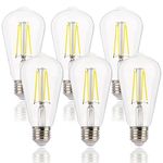 FLSNT E27 Screw Bulb 60W Equivalent 4000K Cool White, 7W ST64 E27 Vintage Light Bulbs, Edison Screw Bulb 806LM, Non-Dimmable, Clear Glass, Pack of 6
