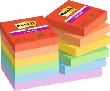 Post-it Foglietti Super Sticky, Collezione Playful, Confezione da 12 blocchetti, 90 Fogli/blocco, 47,6 mm x 47,6 mm, Rosso, Arancio, Giallo, Verde, Azzurro, Viola. Per Appunti, Elenchi & Promemoria