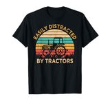 Vintage Easily Distracted By Tractors Funny Farming T-Shirt