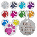 Quality Blue 25mm Glitter Paw Design Pet Id Tag, Dog, Cat, Free Engraving and P&P