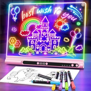 16“ Rechargeable LED Drawing Board, 9-Color Light Modes with Timer & Built-in Stand, Neon Art Dry Erase Glow Up Doodle Note Pad, Sketching Gift Toy for Kids/Girls/Teens, 6 Markers & Tracing Book