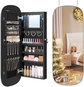 SONGMICS Jewelry Organizer, LED Jewelry Cabinet Wall or Door Mounted, Lockable Rounded Wide Mirror with Storage, Interior Mirror, Christmas Gifts, Black Surface with Black Lining