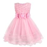 Discoball Girls Princess Dress Rose Flower Bow Tie Party Dress Tulle Wedding Dress Bridesmaid Christening Elegant Formal Dress for Girls (Pink)