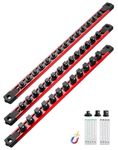ALOANES 3-Piece Magnetic Socket Organizer, Heavy Duty Aluminum Socket Rails Organizer, Socket Holder Kit for Tool Box Drawer, 1/2, 3/8, 1/4-Inch Socket Holder x 40 Clips (Red)