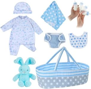 BABESIDE 8 Pcs Reborn Baby Doll Accessories with Bassinet for 17-22 Inch Baby Dolls, Babies Doll Clothes Outfit Accessories fit Reborn Doll Newborn Boy (Not Doll)