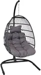 Sunnydaze Julia Hanging Egg Chair with Gray Cushions - Black Polyethylene Wicker Frame with Steel Stand - 76 Inches Tall