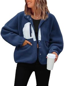 ReachMe Womens Button Down Cropped Fuzzy Fleece Jackets(Light Navy,M)