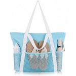 HOMESPON Beach Bag Large Waterproof Sandproof Foldable Tote for Women with Zipper and Mesh Pockets for Pool Cruise Travel Everyday (Blue)