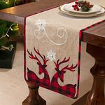 Alynsehom Christmas Table Runner Burlap Table Runners Buffalo Embroidered Elk Deer Snowflakes Seasonal Winter Holiday Kitchen Dining Table Christmas Decoration for Outdoor Home Party Decor