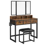 VASAGLE Vanity Set with Mirror and Stool, Makeup Vanity with Tri-Fold Mirror, 3 Drawers, Brush Holder, Industrial Style, Rustic Brown and Black URVT004B01