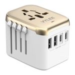 Universal International Power Travel Plug Adapter, 5 in 1 European Travel Plug Adapter W/ 3.5A 2xUSB-A and 2xUSB C Wall Charger and Worldwide AC Outlet for Europe USA UK AUS Asia (White Gold)