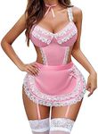 Avidlove Lingerie for Women Lace Teddy Sexy Naughty Maid Outfits Strappy Babydoll Dress Pink Medium