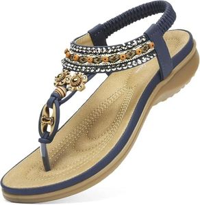 Littleplum Womens Sandals Arch Support Summer Beach Sandals Comfort Walking Shoes Bohemian Flip Flops Sandals for Women Blue Size 9