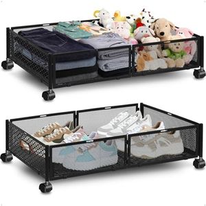 punemi Under Bed Storage with Wheels & Removable Bags, 2 Pcs Underbed Storage Containers Rolling Drawers with Handle, Metal Under Bed Shoe Organizers for Clothes Toys, Tool-free Assembly -Black