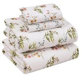 RUVANTI 100% Cotton Percale Sheets for Queen Size Bed - 16 Inches Deep Pocket Perfect Fitting - Crisp & Cool - Smooth & Comfortable - Ivory Floral (1 Flat, 1 Fitted & 2 Pillowcases)