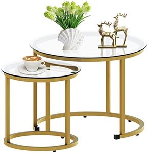 aboxoo aboxoo Gold Nesting Coffee Table Set of 2, Small Glass Nesting Tables for Living Room Bedroom, Accent Tea Table with Metal Frame Modern Industrial Simple, 23.6D x 23.6W x 17.7H in, Clear,Gold