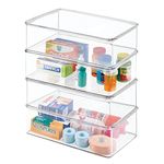 mDesign Stackable Plastic Storage Bin Box with Hinged Lid - Organizer for Vitamins, Supplements, Serums, Essential Oils, Medicine Pill Bottles, Adhesive Bandages, First Aid Supplies - 4 Pack - Clear