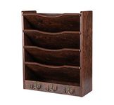 PAG 5-Tier Wood Hanging Wall File Holder Organizer Magazine Literature Rack with 6 Hooks, Retro Brown