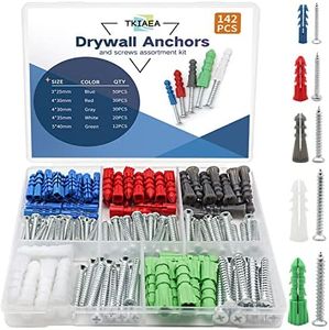 Tkiaea Drywall Anchors and Screws Kit 142Pcs, Wall Anchors, Drywall Screws, Including 5 Different Sizes Screws and Anchors, Wall Anchors and Screws for Drywall