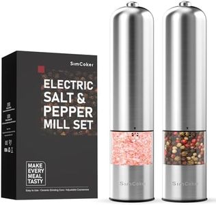 SimCoker Electric Salt and Pepper Grinder Set, Battery Operated Mill Automatic Operation One Hand, Adjustable Coarseness Powered Mills LED Light, Kitchen Stainless Steel Grinders, 2 Pack